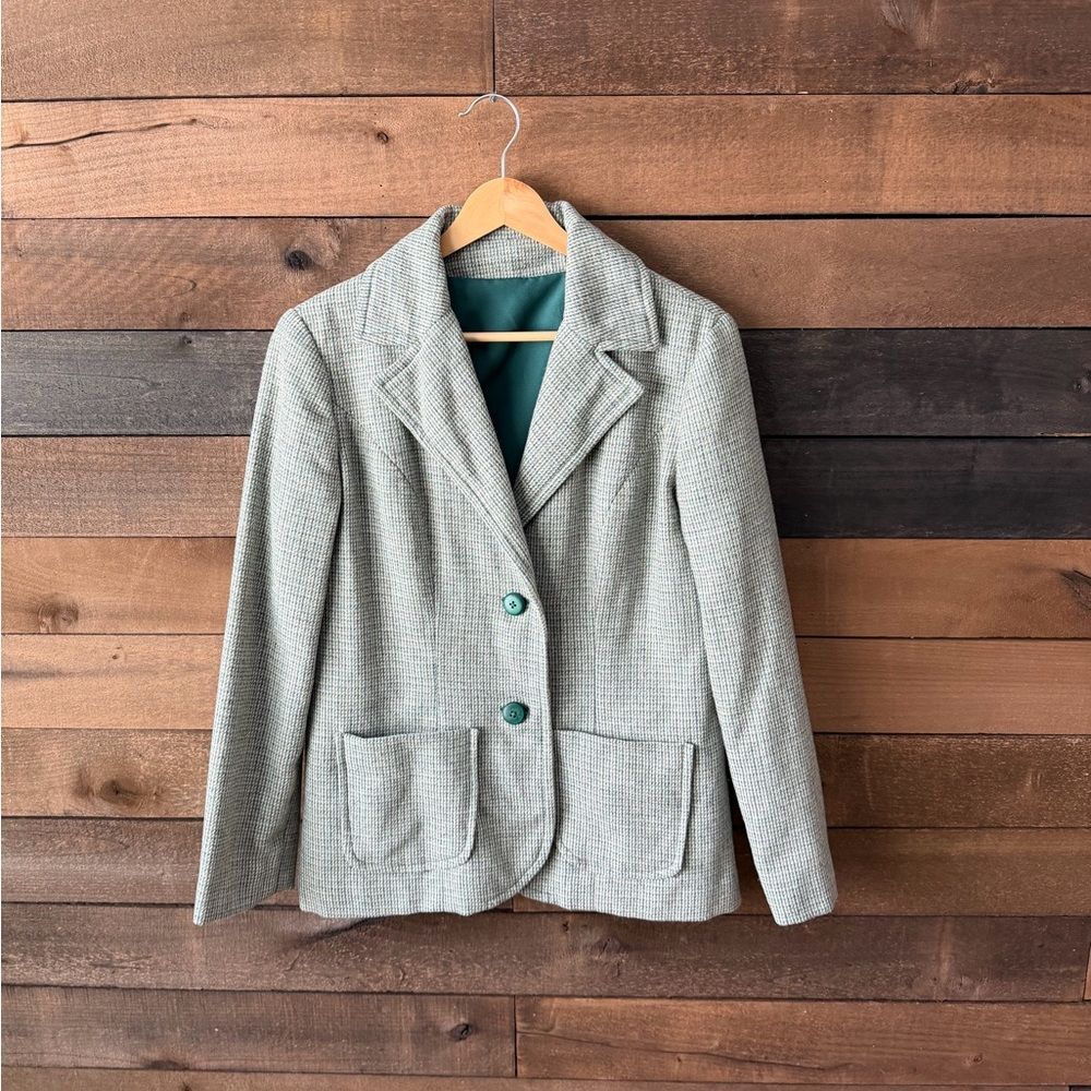 Vintage Blazer and Reversible Vest Set Green Textured Weave - Picture 2 of 15